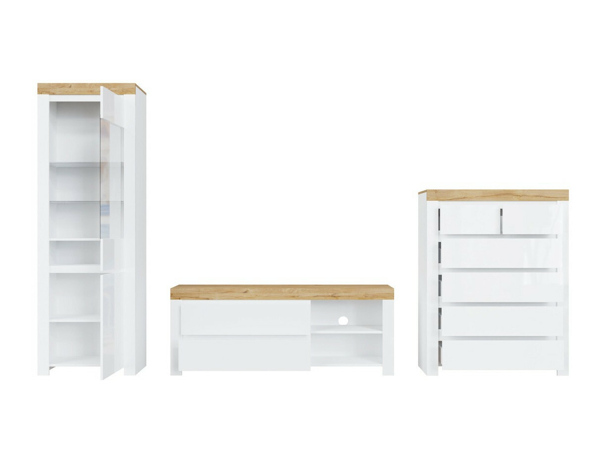 Σετ επίπλων σαλονιού Sonsoru 149 (Άσπρο + Γυαλιστερό λευκό + Δρυς wotan)