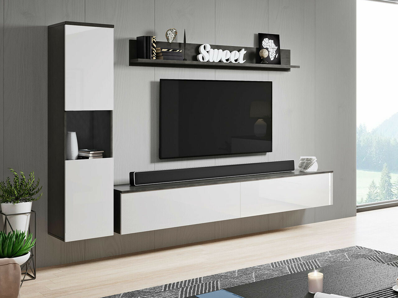 Living room set Sarasota 130 (Dark grey + Glossy white)