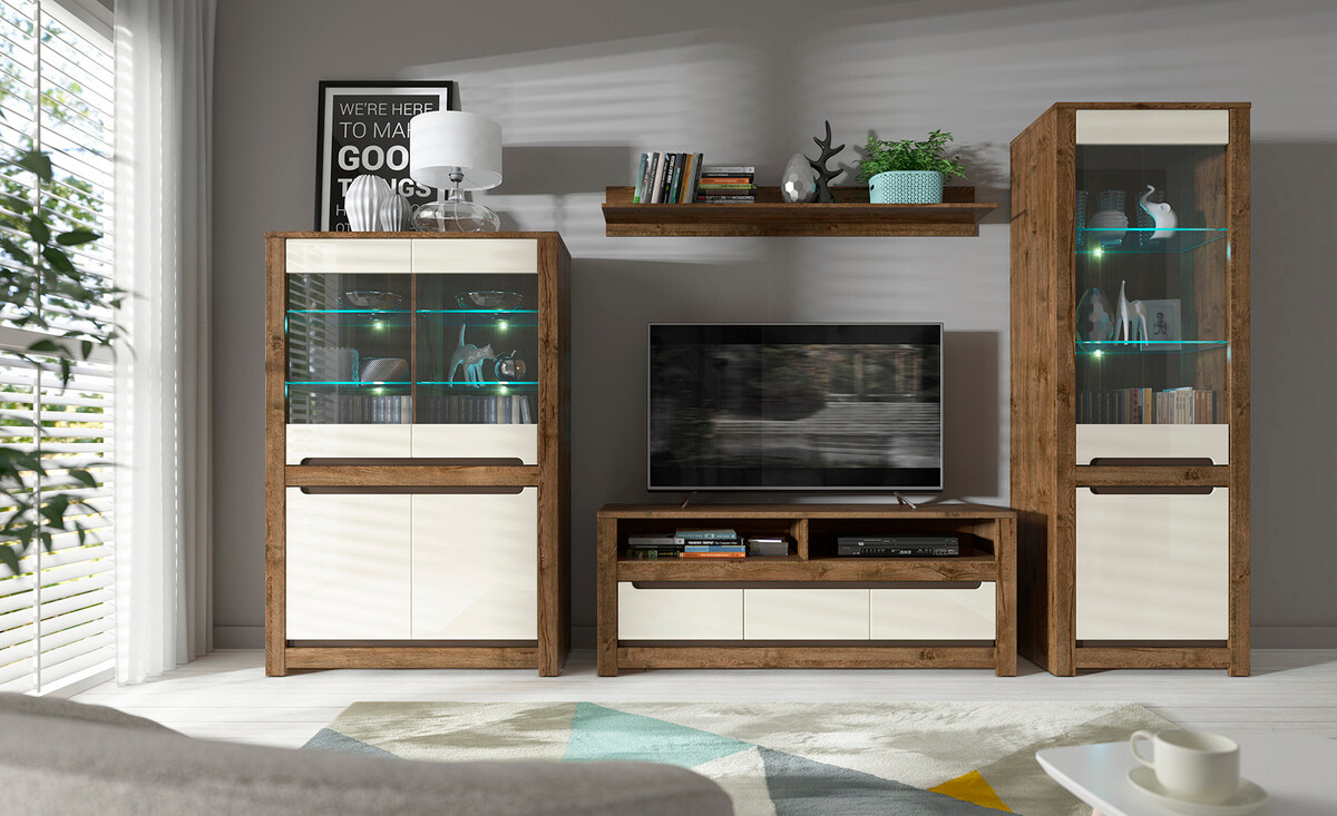 Έπιπλο τηλεόρασης Ophevaru 108 (Γυαλιστερό κρεμ + April δρυς)