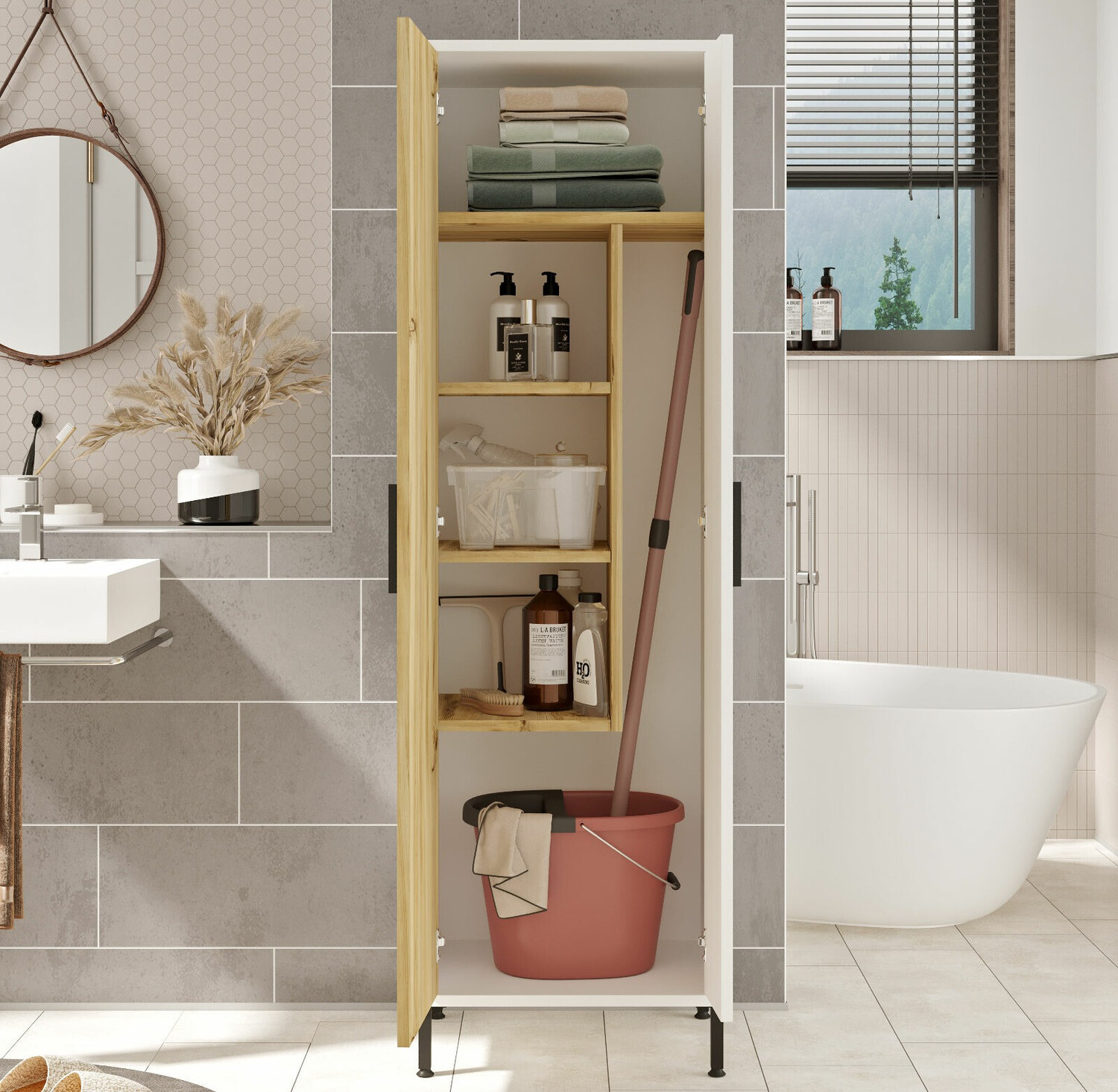 Όρθιο ντουλάπι μπάνιου Kailua 2071 (Άσπρο + Καρυδί)