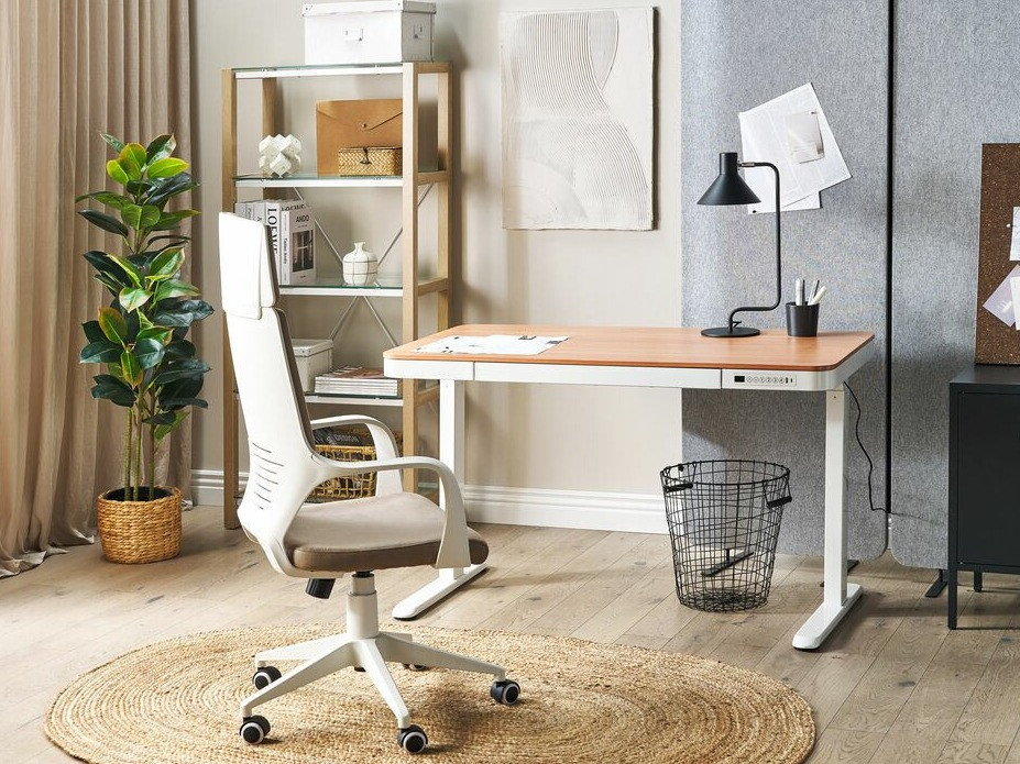 Γραφείο με ρυθμιζόμενο ύψος Berwyn 224 (Άσπρο + Ανοιχτό χρώμα ξύλου)