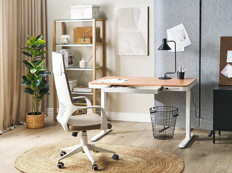 Γραφείο με ρυθμιζόμενο ύψος Berwyn 224 (Άσπρο + Ανοιχτό χρώμα ξύλου)