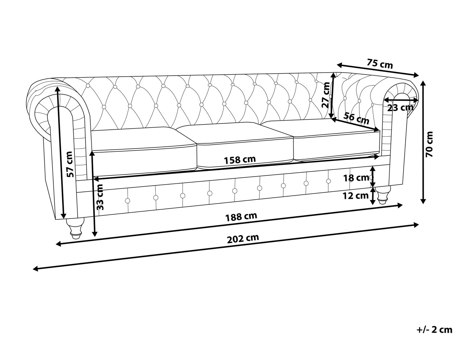 Καναπές Αγγλικού στυλ Cirdoro 100 (Γκρι)