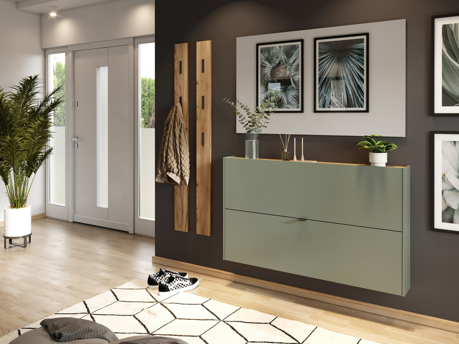 Shoe cabinet Cirsale 108 (Dusty green + Navarra oak)