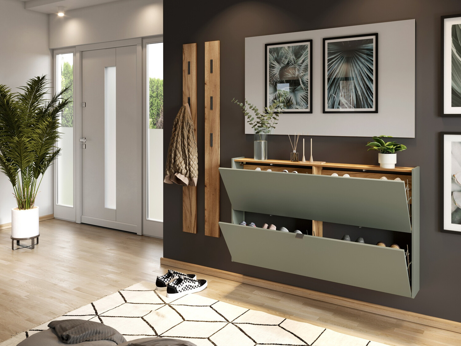Shoe cabinet Cirsale 108 (Dusty green + Navarra oak)