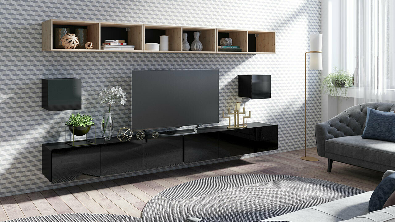 Living room set Remus XXXIII (Black + Glossy black + Artisan oak)