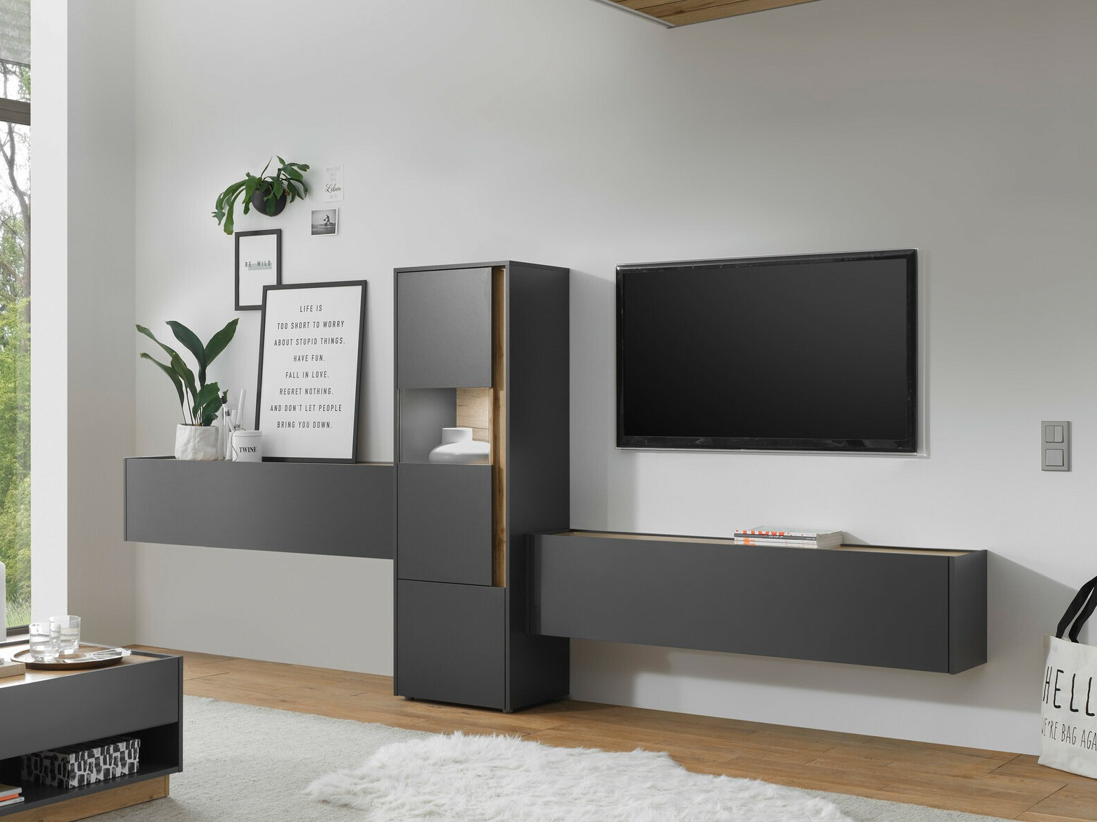 Σετ επίπλων σαλονιού Elbsori 122 (Ανθρακί + Δρυς wotan)