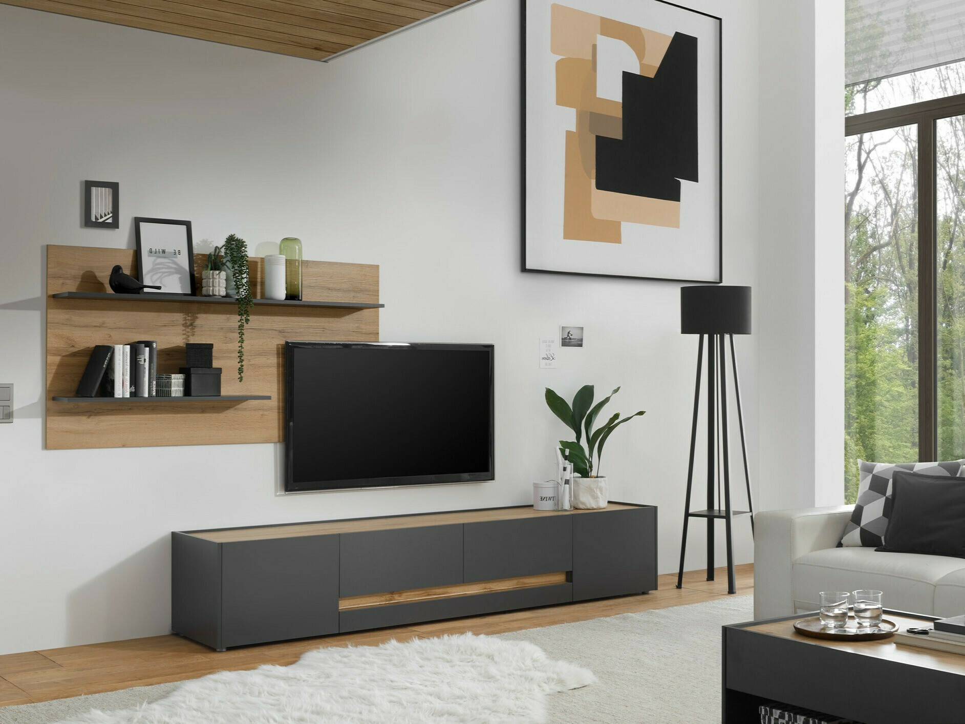 Σετ επίπλων σαλονιού Elbsori 124 (Ανθρακί + Δρυς wotan)