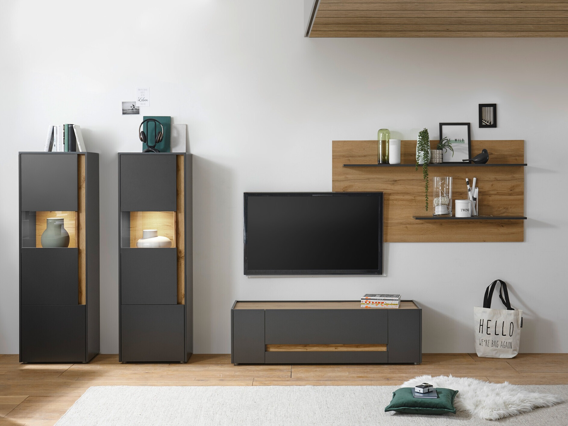 Σετ επίπλων σαλονιού Elbsori 128 (Ανθρακί + Δρυς wotan)