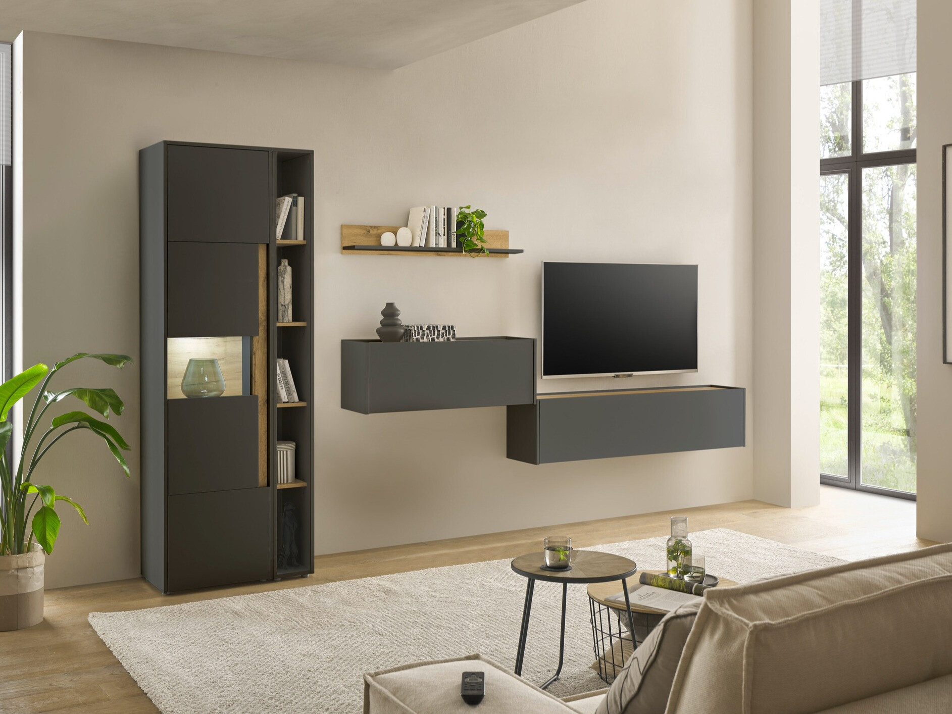 Σετ επίπλων σαλονιού Elbsori 133 (Ανθρακί + Δρυς wotan)