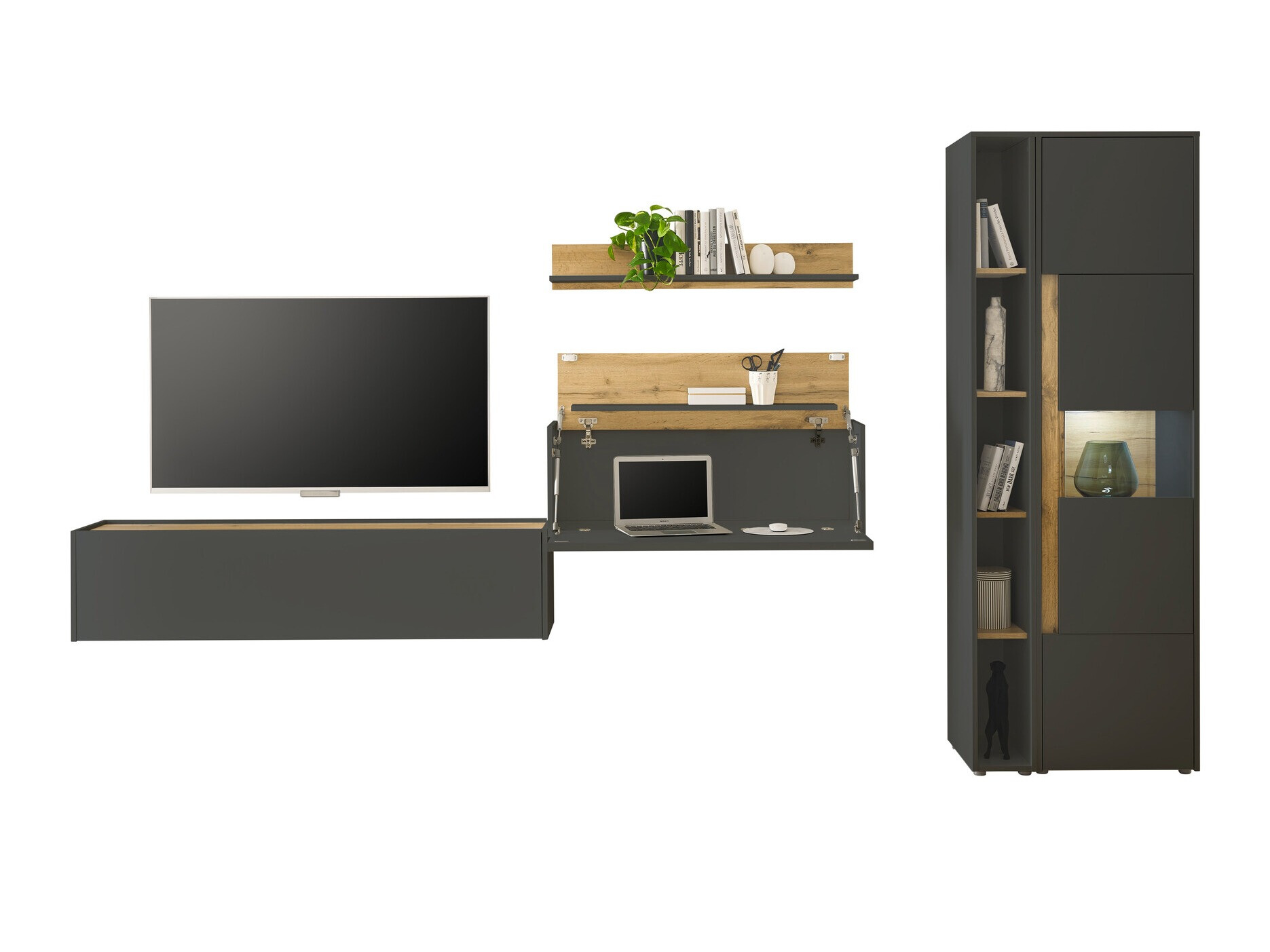 Σετ επίπλων σαλονιού Elbsori 133 (Ανθρακί + Δρυς wotan)