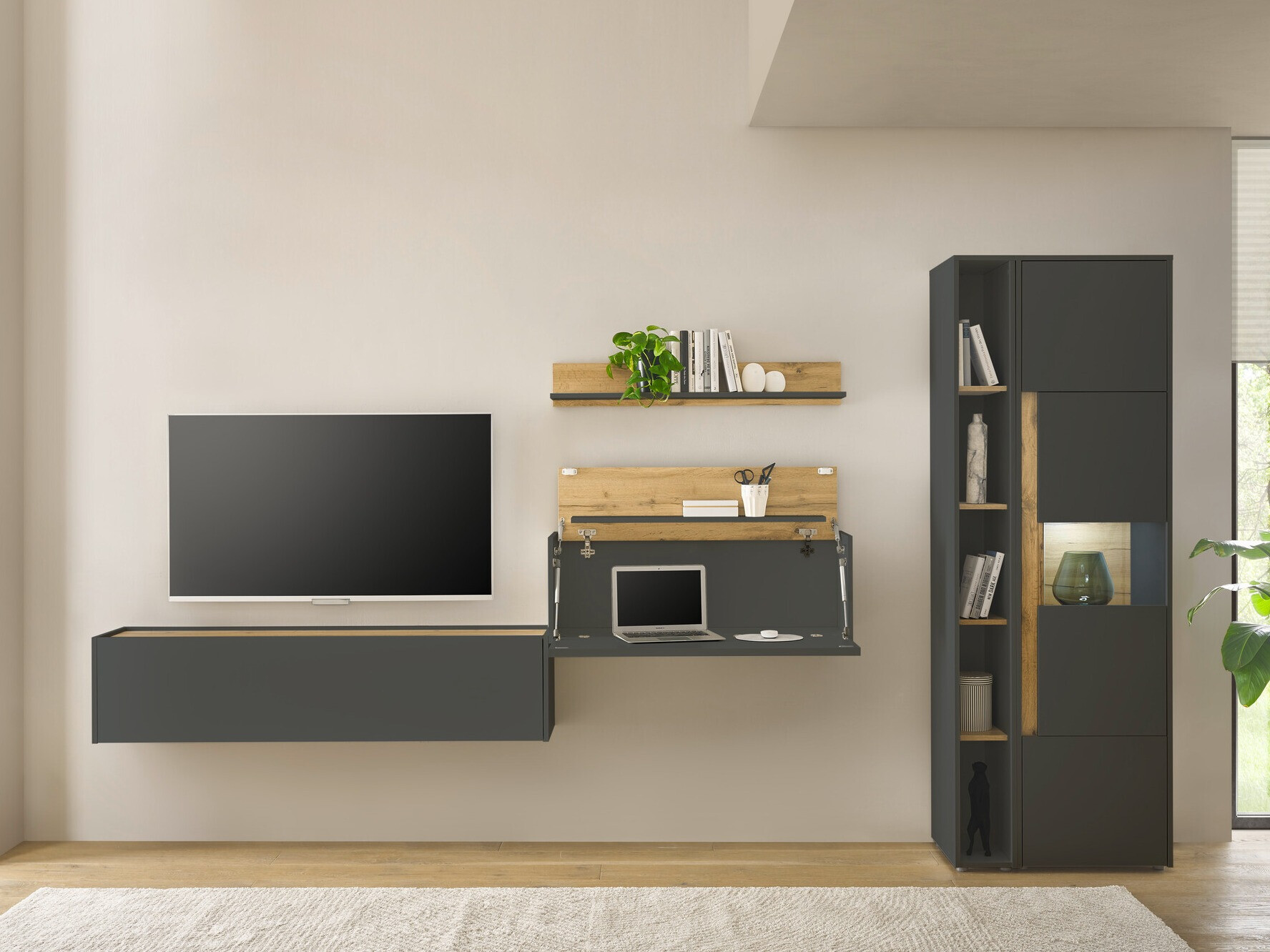 Σετ επίπλων σαλονιού Elbsori 133 (Ανθρακί + Δρυς wotan)