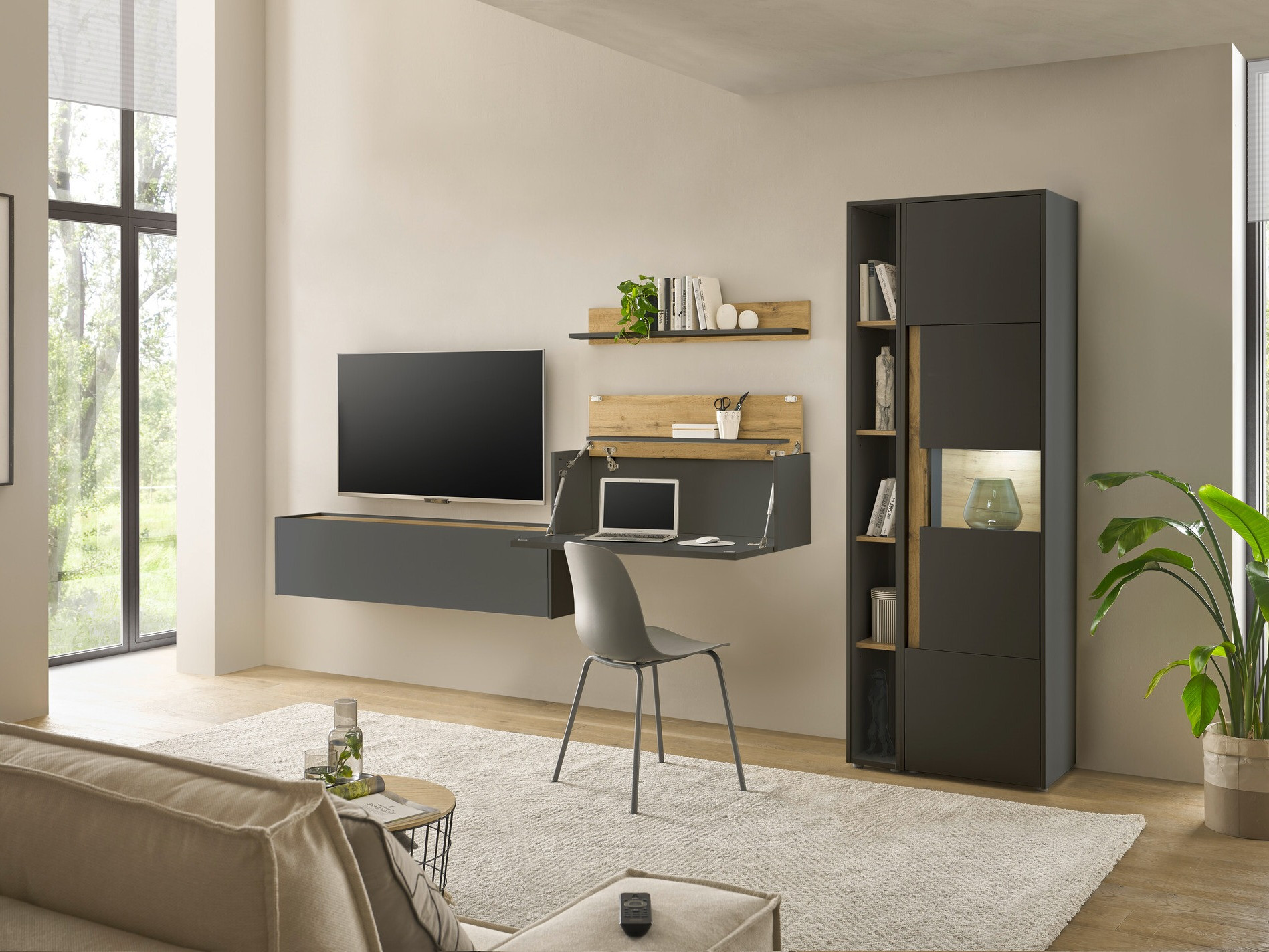 Σετ επίπλων σαλονιού Elbsori 133 (Ανθρακί + Δρυς wotan)