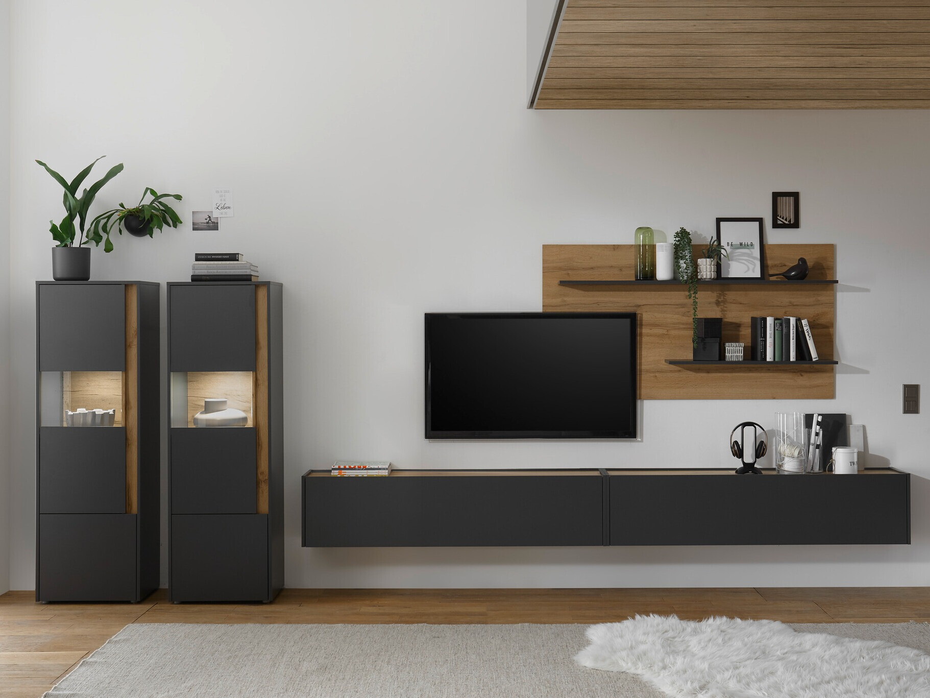 Σετ επίπλων σαλονιού Elbsori 135 (Ανθρακί + Δρυς wotan)