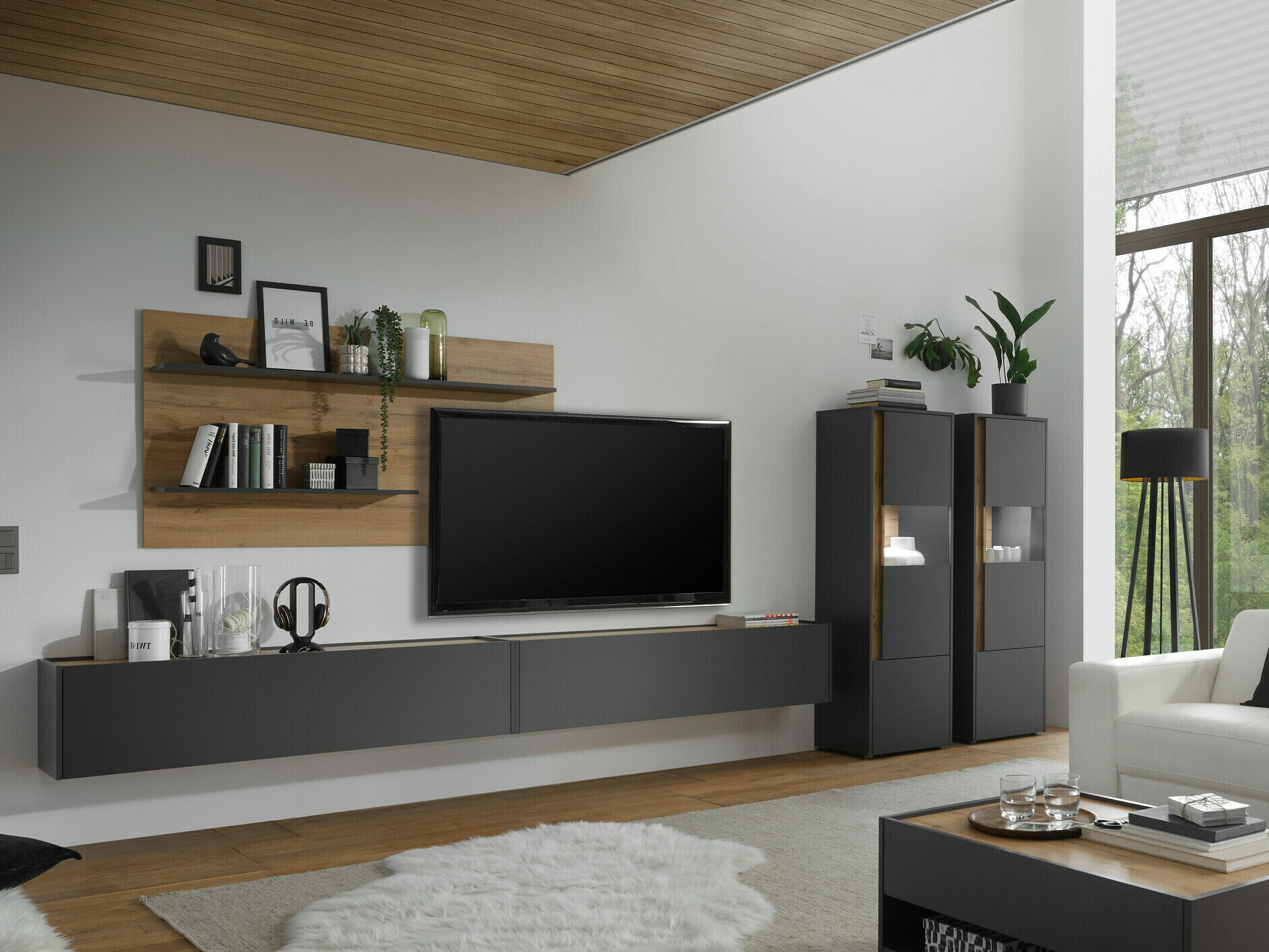 Σετ επίπλων σαλονιού Elbsori 135 (Ανθρακί + Δρυς wotan)