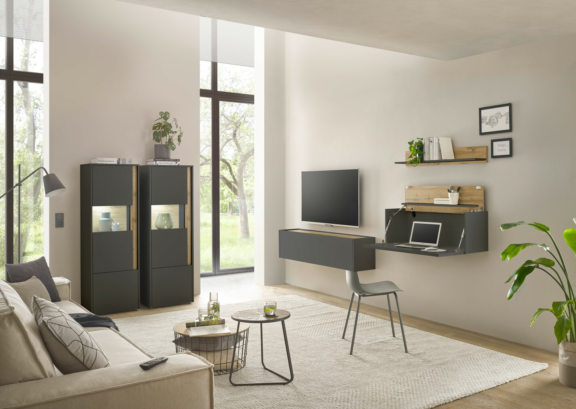 Σετ επίπλων σαλονιού Elbsori 136 (Ανθρακί + Δρυς wotan)