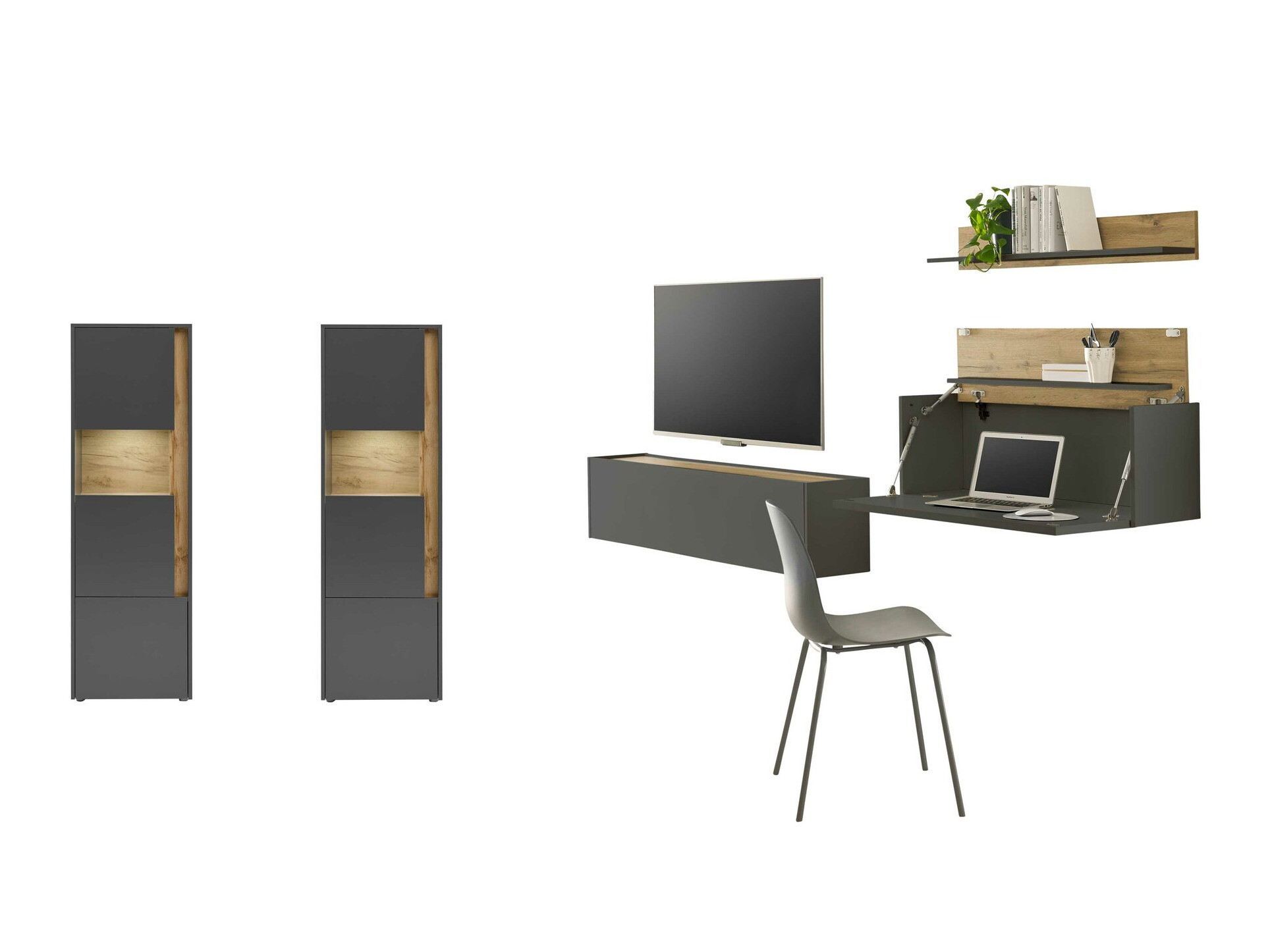 Σετ επίπλων σαλονιού Elbsori 136 (Ανθρακί + Δρυς wotan)