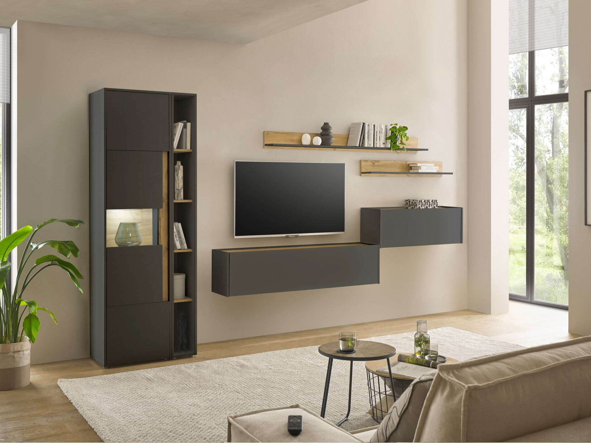 Σετ επίπλων σαλονιού Elbsori 140 (Ανθρακί + Δρυς wotan)