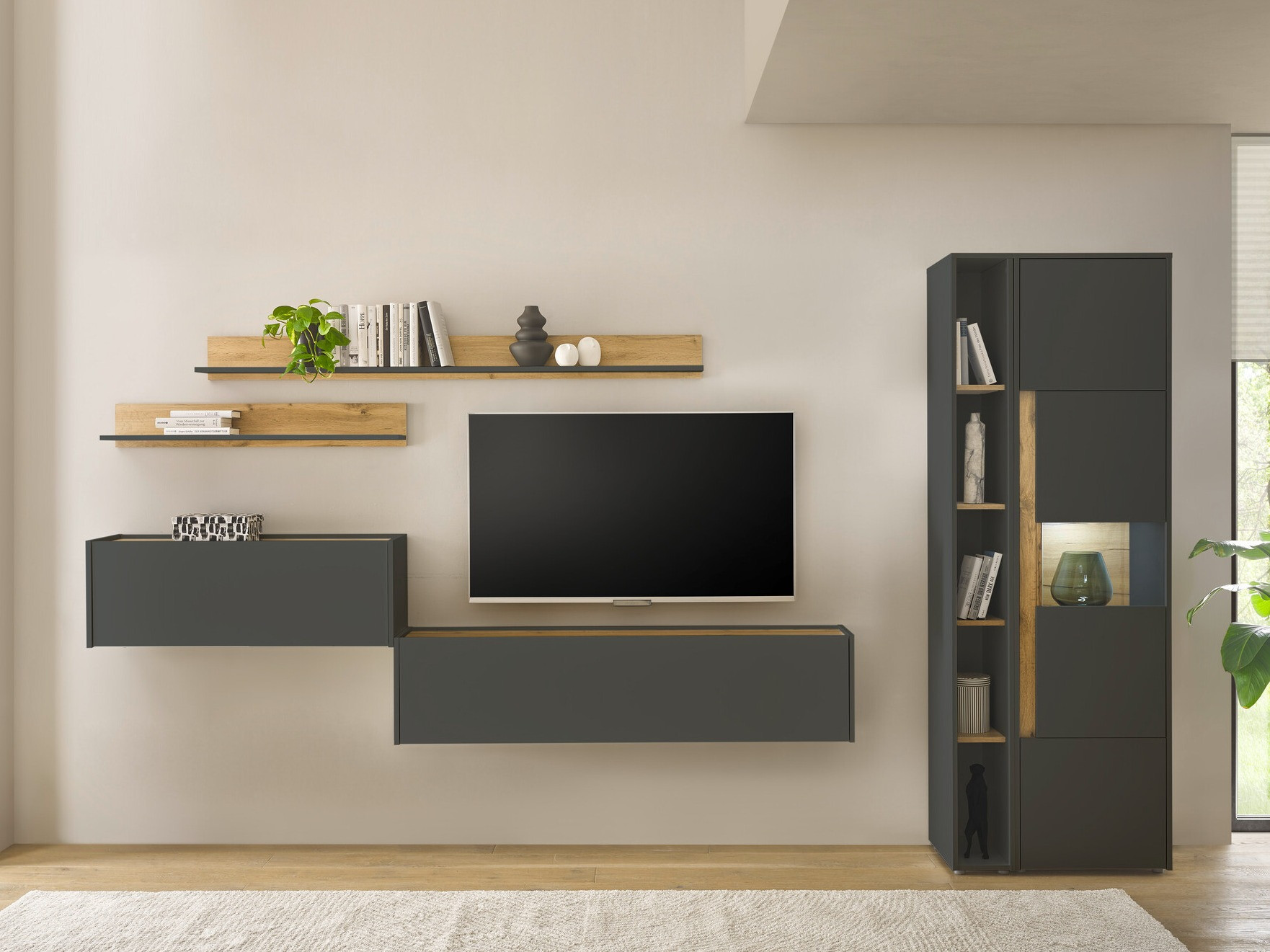 Σετ επίπλων σαλονιού Elbsori 140 (Ανθρακί + Δρυς wotan)