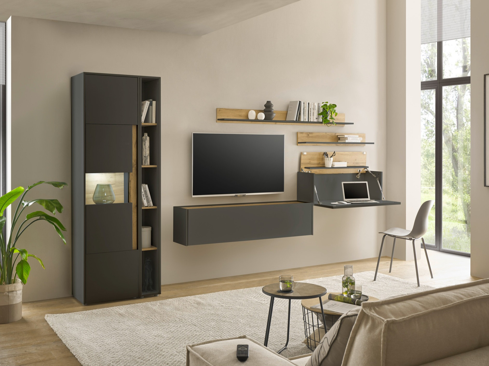 Σετ επίπλων σαλονιού Elbsori 140 (Ανθρακί + Δρυς wotan)