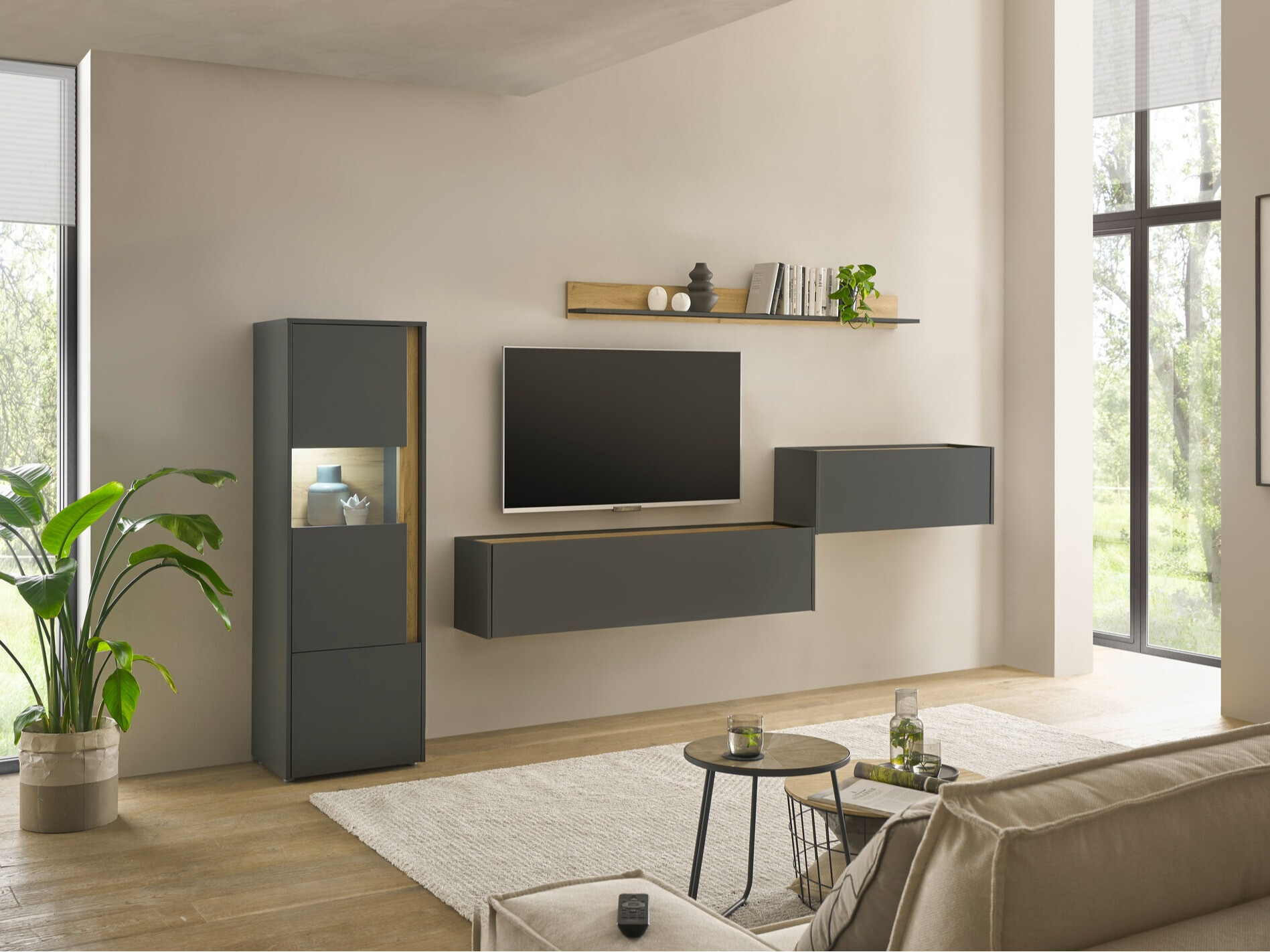 Σετ επίπλων σαλονιού Elbsori 141 (Ανθρακί + Δρυς wotan)