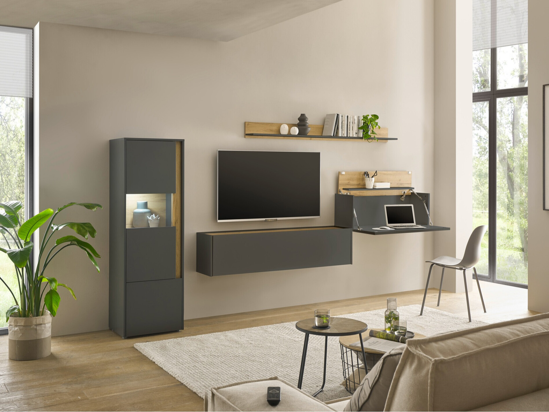 Σετ επίπλων σαλονιού Elbsori 141 (Ανθρακί + Δρυς wotan)