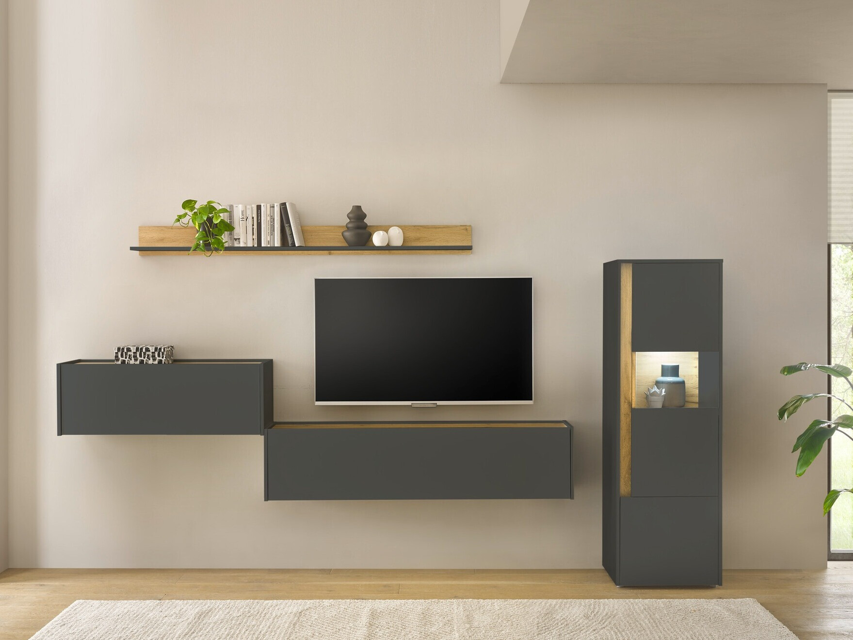 Σετ επίπλων σαλονιού Elbsori 141 (Ανθρακί + Δρυς wotan)