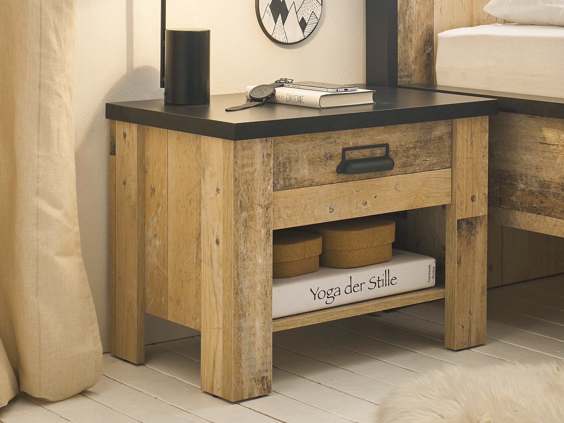 Κομοδίνο Cirtale 104 (Παλαιωμένο χρώμα ξύλου + Ανθρακί)