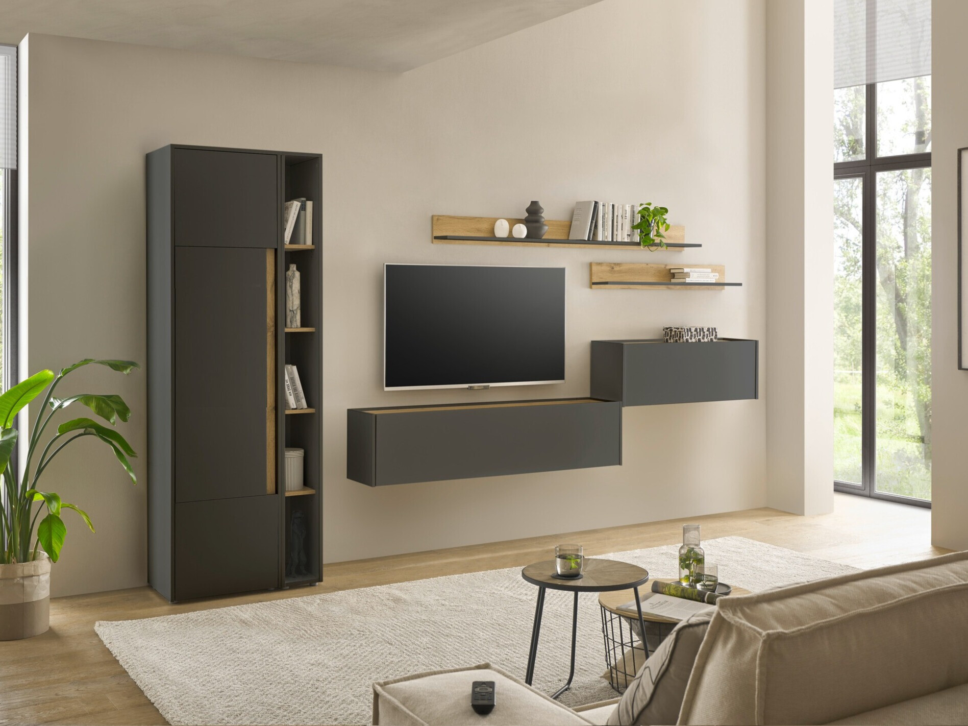 Σετ επίπλων σαλονιού Elbsori 145 (Ανθρακί + Δρυς wotan)