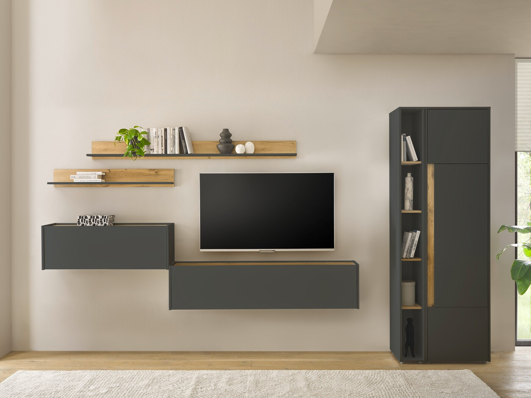 Σετ επίπλων σαλονιού Elbsori 145 (Ανθρακί + Δρυς wotan)