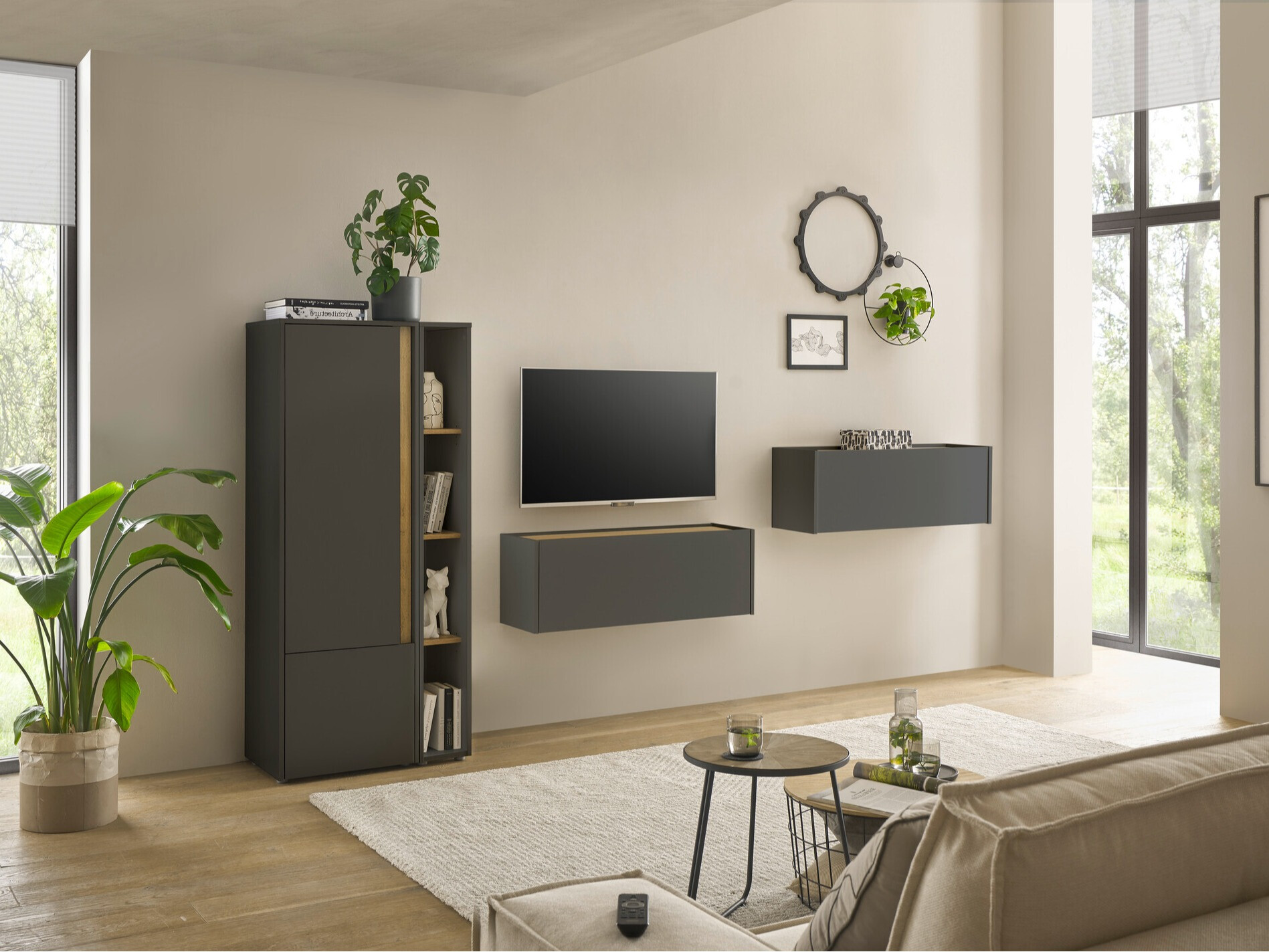 Σετ επίπλων σαλονιού Elbsori 146 (Ανθρακί + Δρυς wotan)