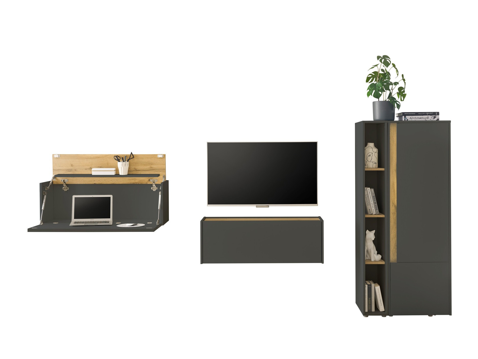 Σετ επίπλων σαλονιού Elbsori 146 (Ανθρακί + Δρυς wotan)