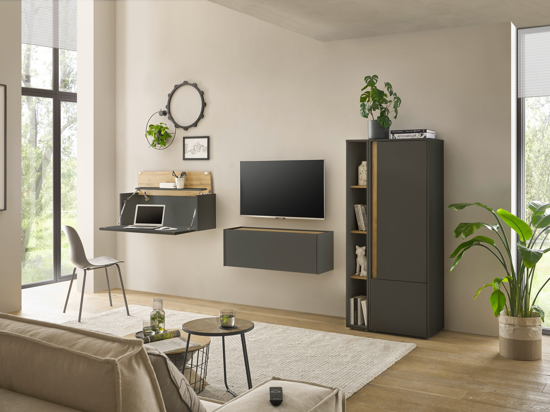 Σετ επίπλων σαλονιού Elbsori 146 (Ανθρακί + Δρυς wotan)