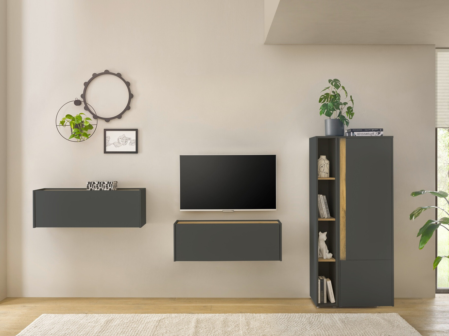 Σετ επίπλων σαλονιού Elbsori 146 (Ανθρακί + Δρυς wotan)