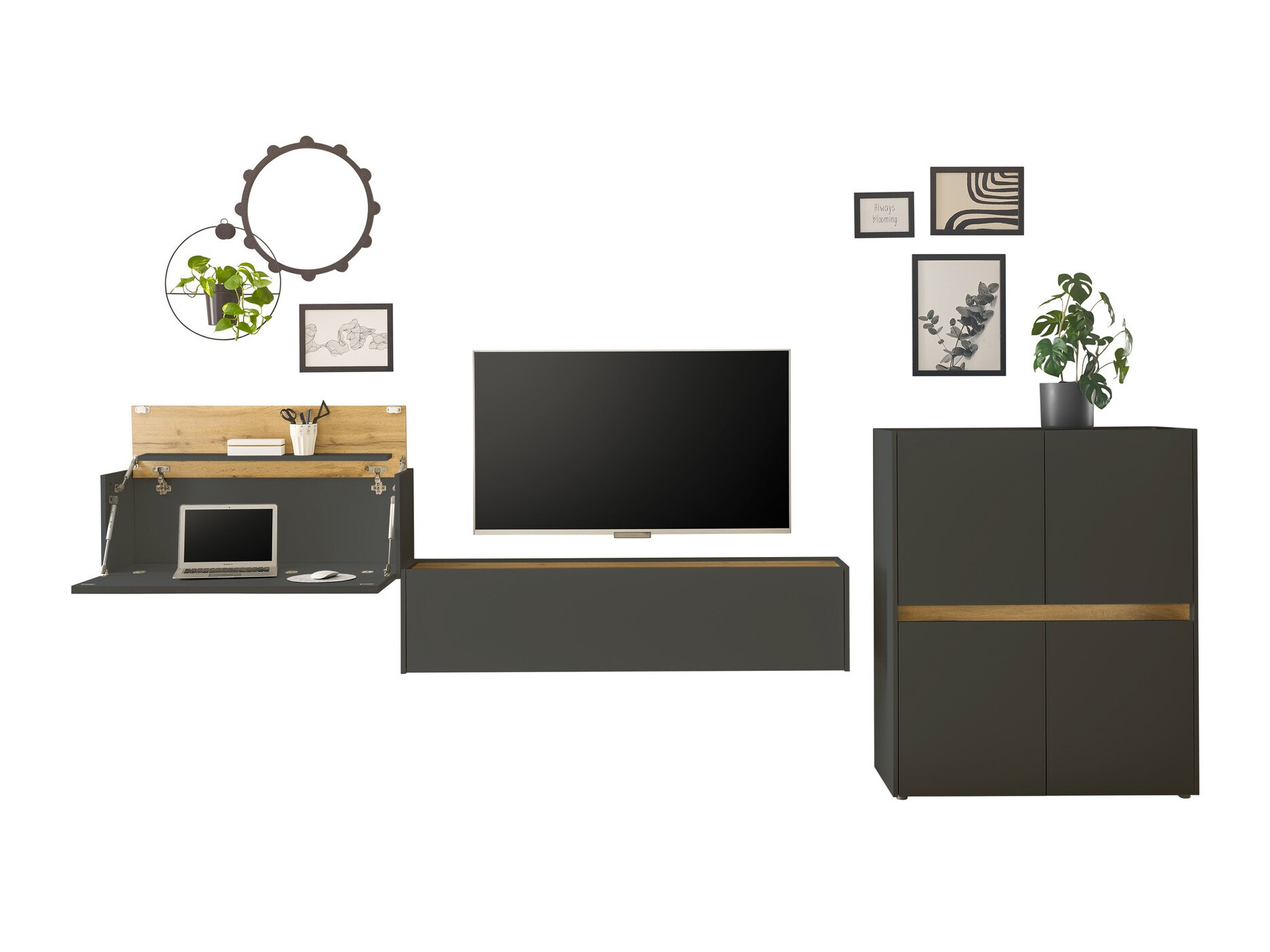 Σετ επίπλων σαλονιού Elbsori 148 (Ανθρακί + Δρυς wotan)