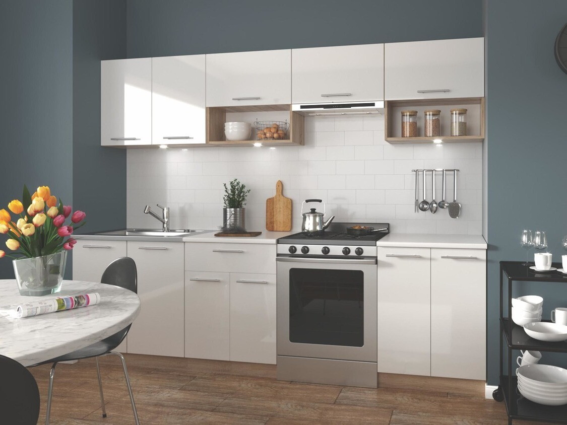 Σετ κουζίνας Houston 858 (Γυαλιστερό λευκό + Sonoma οξιά)