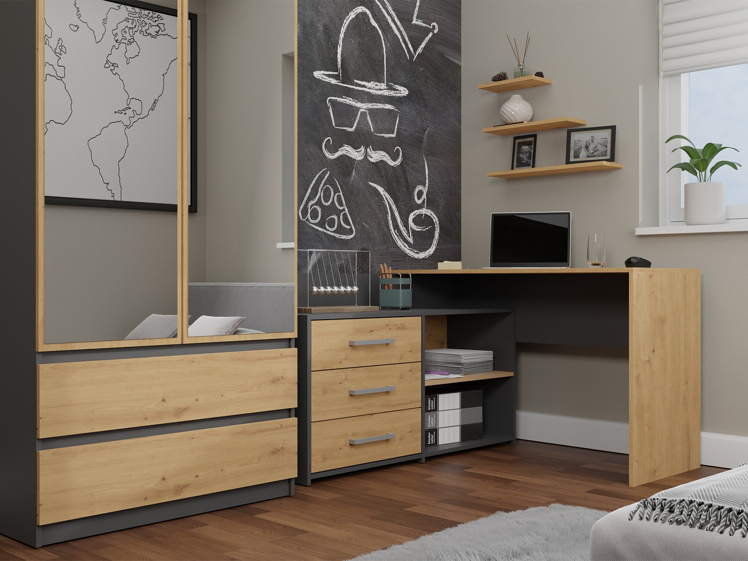 Corner desk Mandeville 131 (Anthracite + Artisan oak)