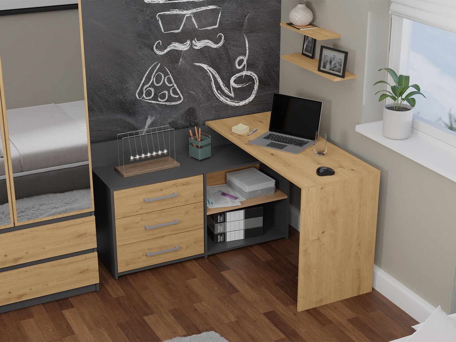 Corner desk Mandeville 131 (Anthracite + Artisan oak)