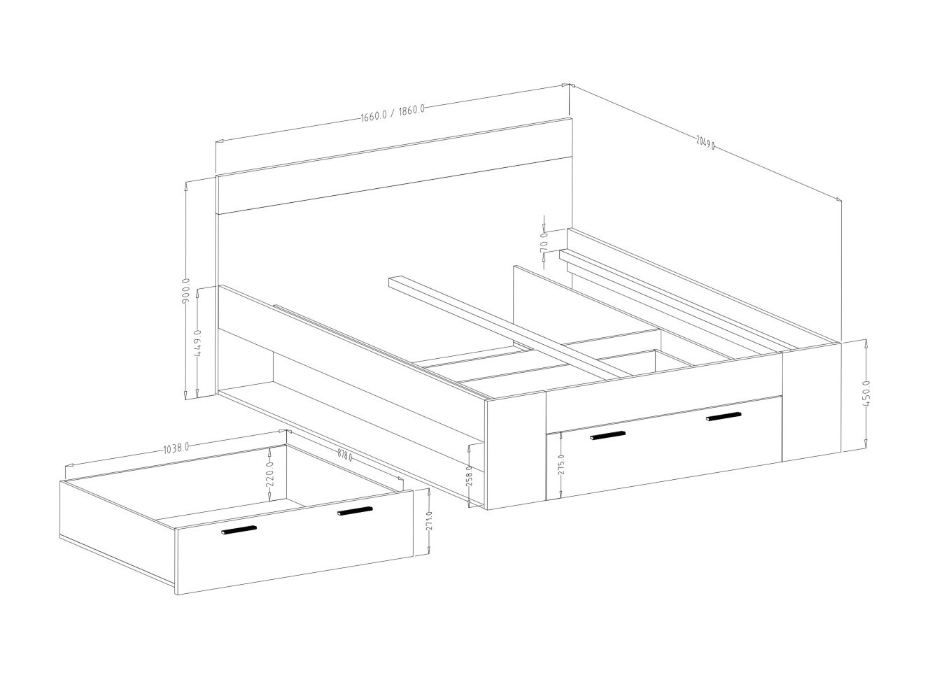 Κρεβάτι Melvele 108 (Monastery δρυς + Μαύρο)