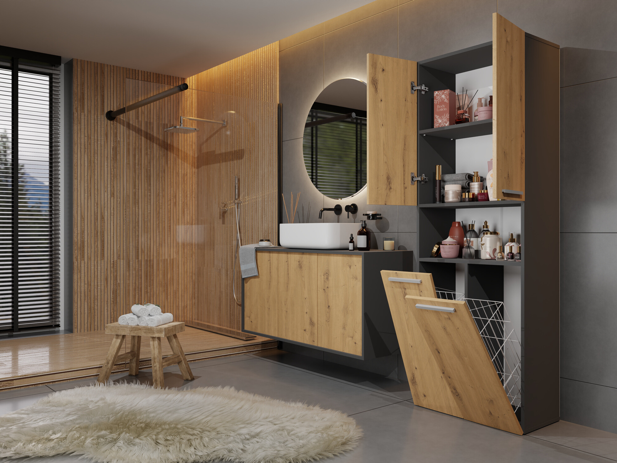 Όρθιο ντουλάπι μπάνιου Nolmaru 103 (Ανθρακί + Artisan βελανιδιά)