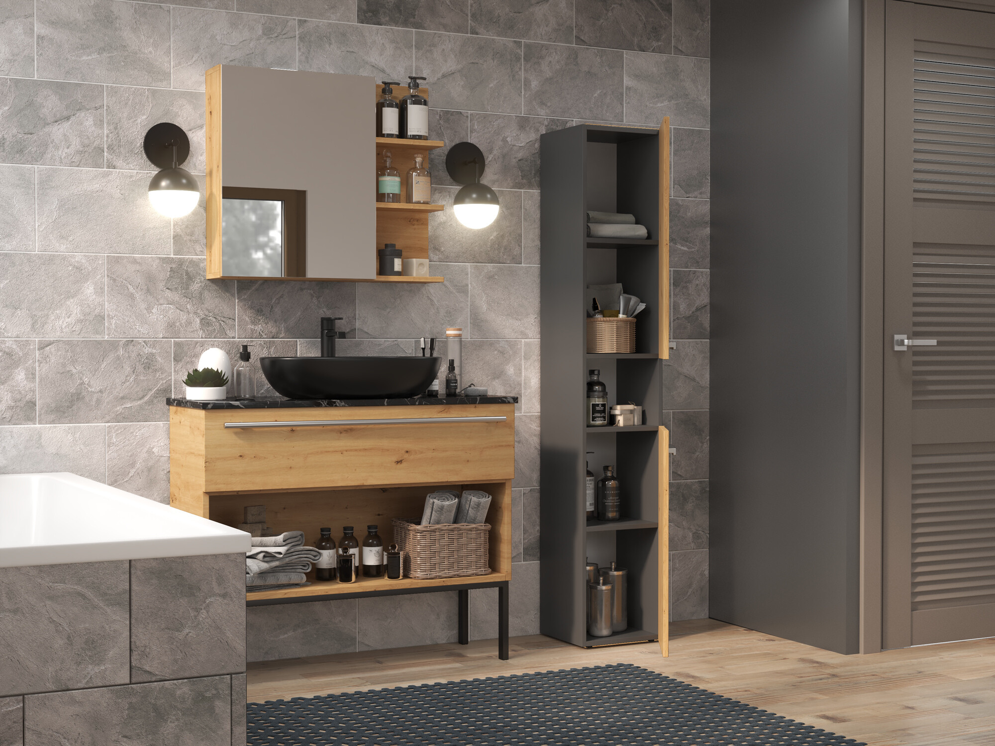 Όρθιο ντουλάπι μπάνιου Nolmaru 104 (Ανθρακί + Artisan βελανιδιά)