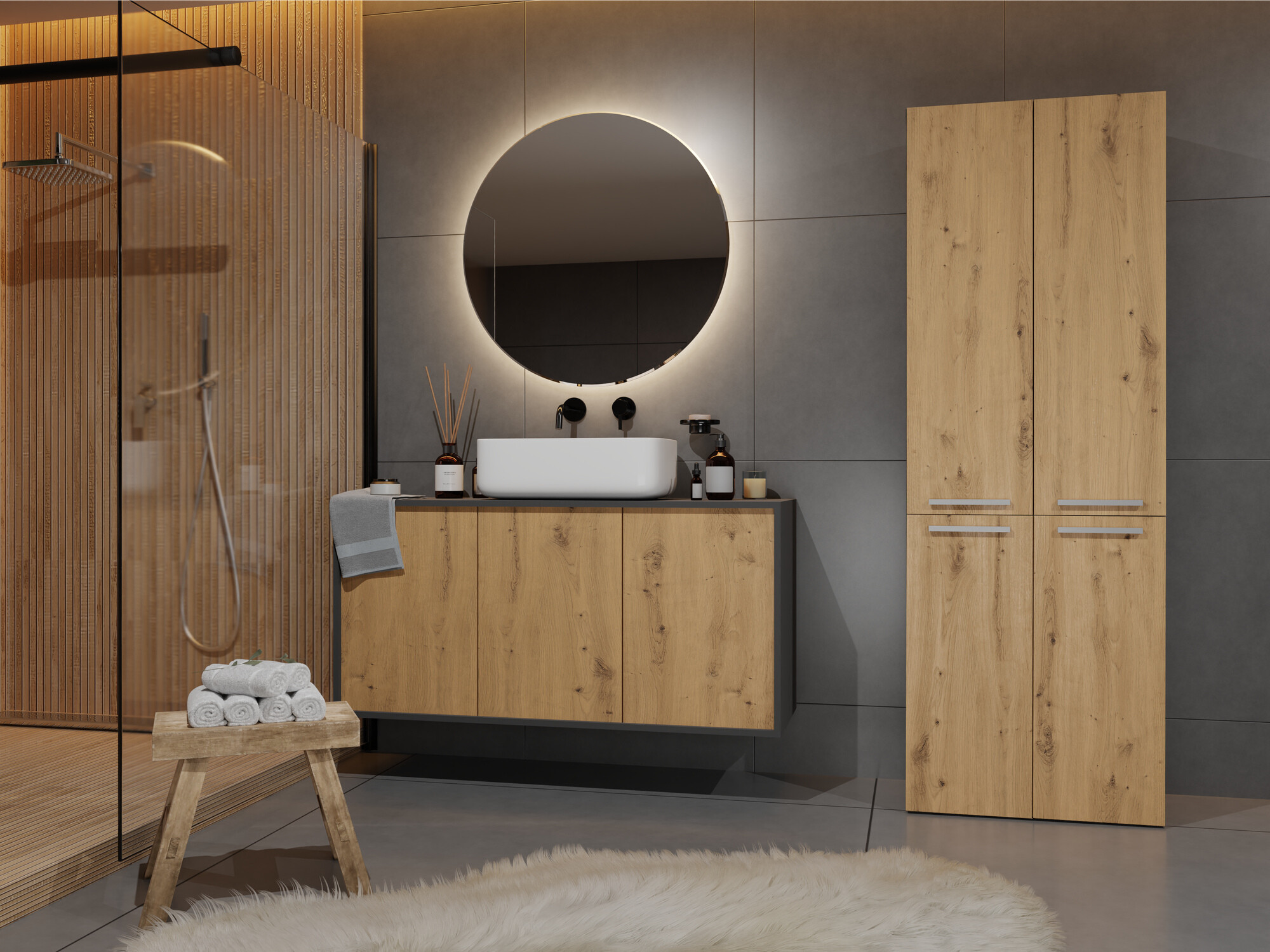 Standing bathroom cabinet Nolmaru 100 (Anthracite + Artisan oak)