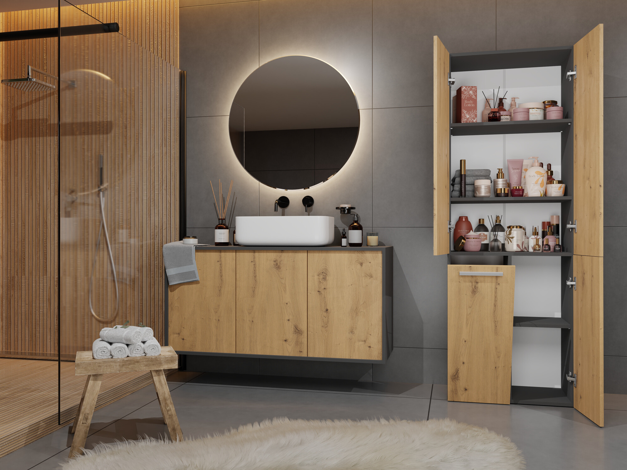 Standing bathroom cabinet Nolmaru 100 (Anthracite + Artisan oak)