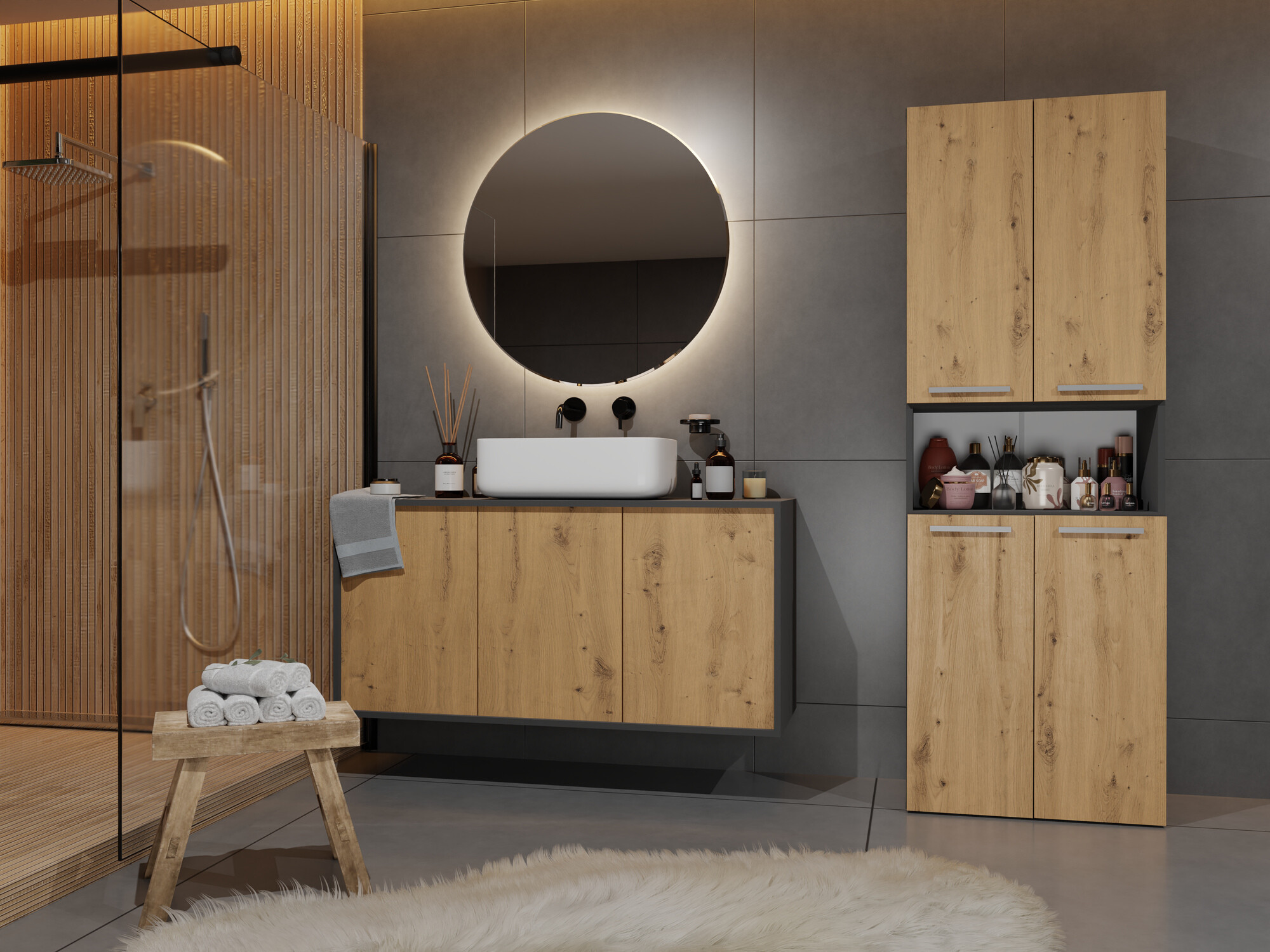 Standing bathroom cabinet Nolmaru 101 (Anthracite + Artisan oak)