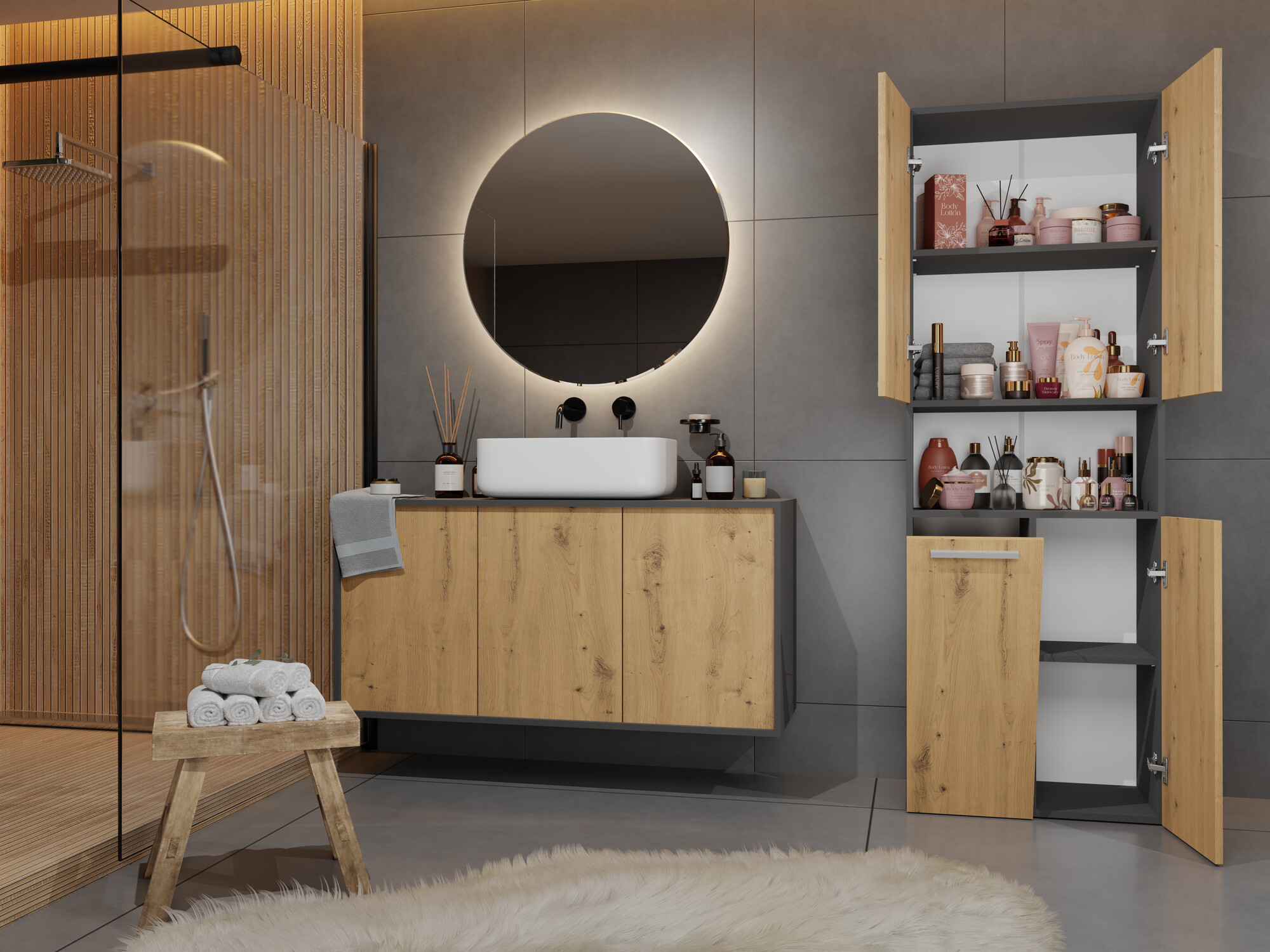 Standing bathroom cabinet Nolmaru 101 (Anthracite + Artisan oak)