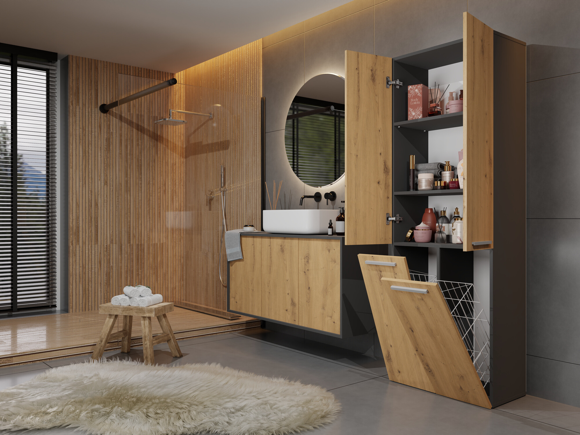 Standing bathroom cabinet Nolmaru 102 (Anthracite + Artisan oak)