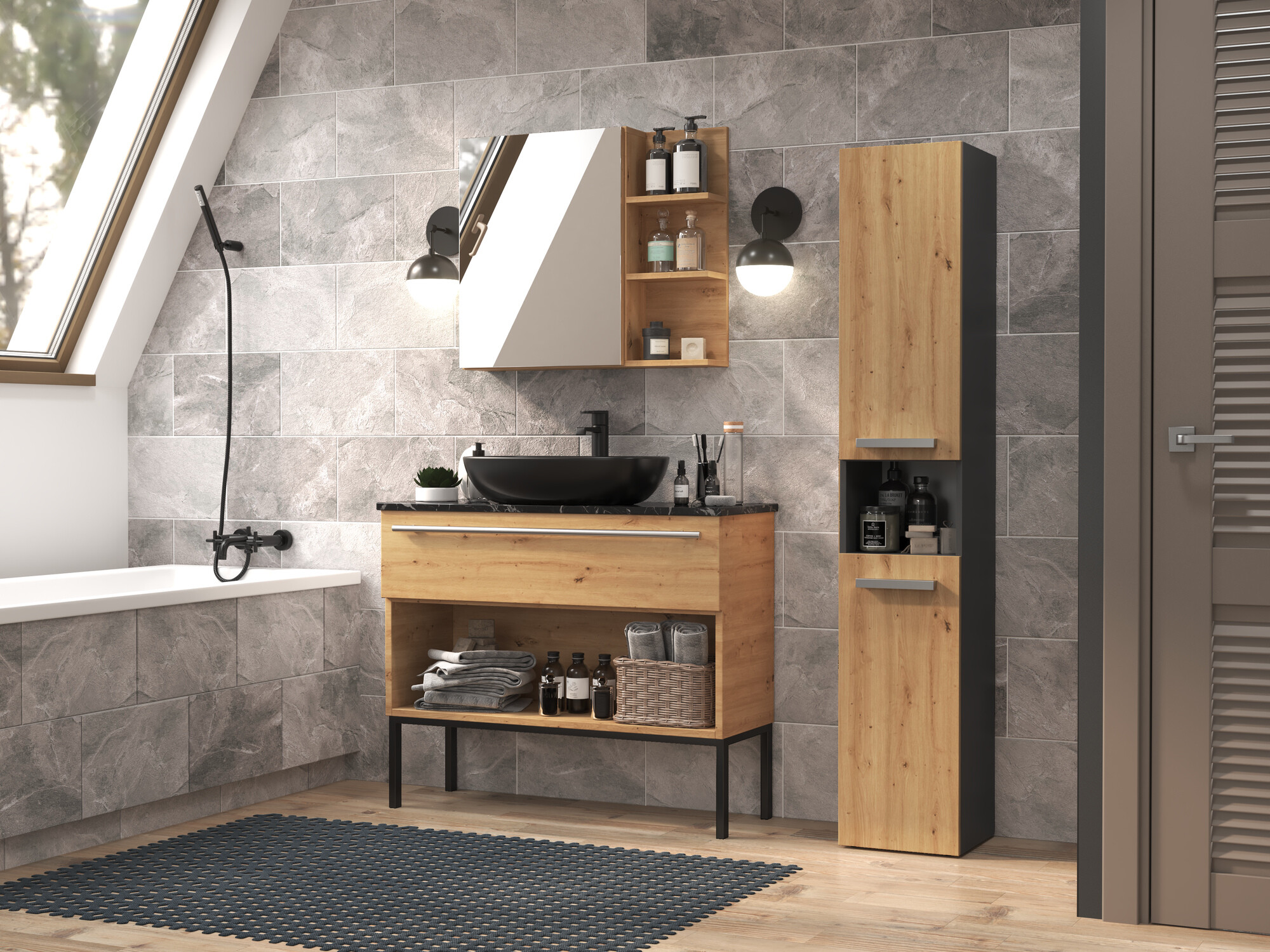 Standing bathroom cabinet Nolmaru 106 (Anthracite + Artisan oak)