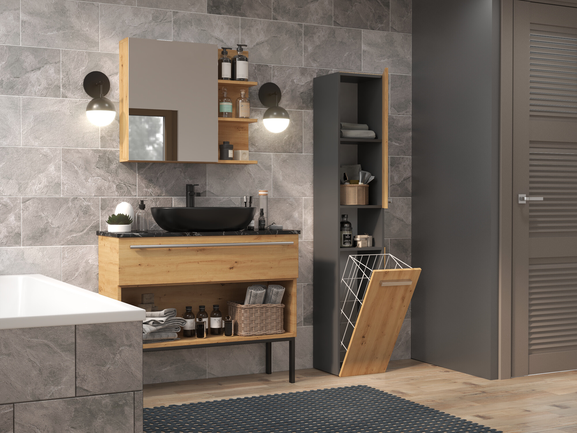 Standing bathroom cabinet Nolmaru 106 (Anthracite + Artisan oak)