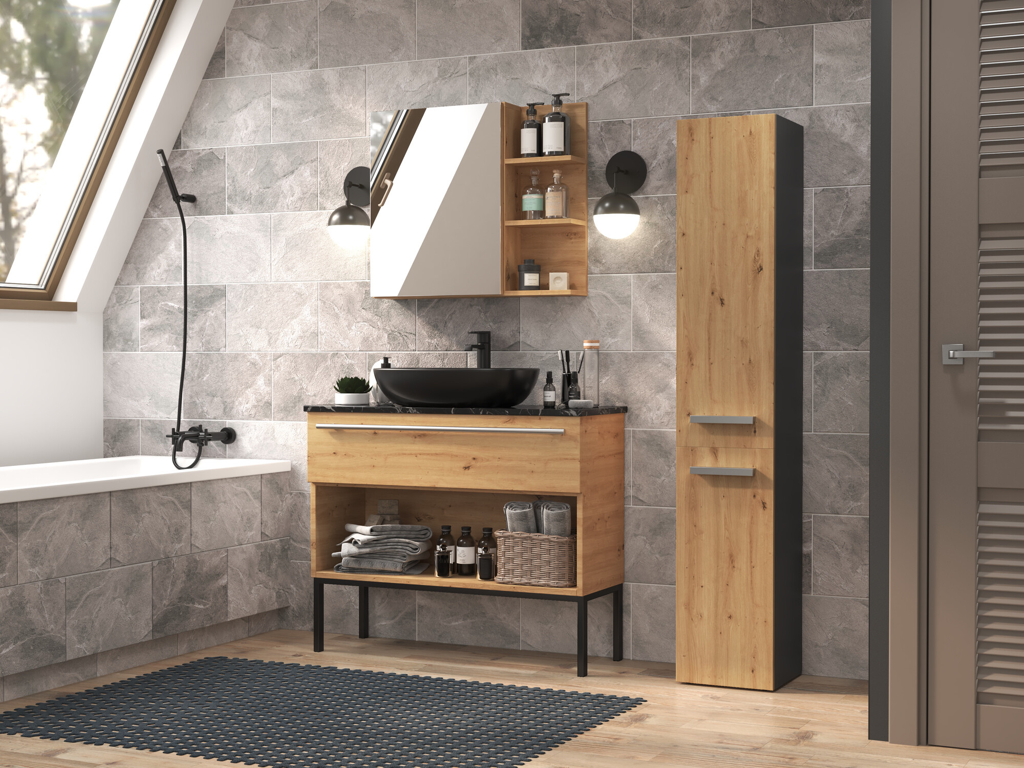 Standing bathroom cabinet Nolmaru 107 (Anthracite + Artisan oak)