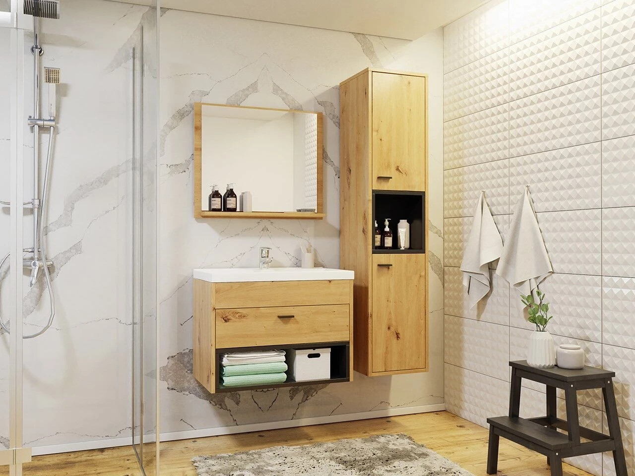 Wall-mounted bathroom cabinet for washbasin Velum (Artisan oak + Black)